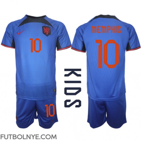 Camiseta Países Bajos Memphis Depay #10 Visitante Equipación para niños Mundial 2022 manga corta (+ pantalones cortos)